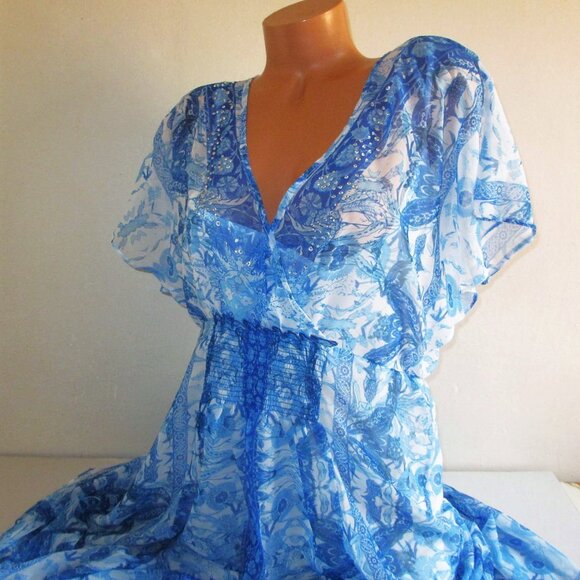 City Chic Maxi Mykonos Dress Size 14 Blue White Floral Chiffon Embellished $115 - Picture 7 of 12